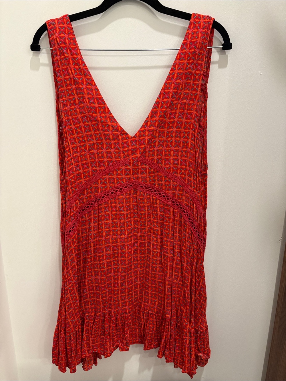 Free People Red V-Neck Mini Dress with Crochet Accents - Picture 3 of 4